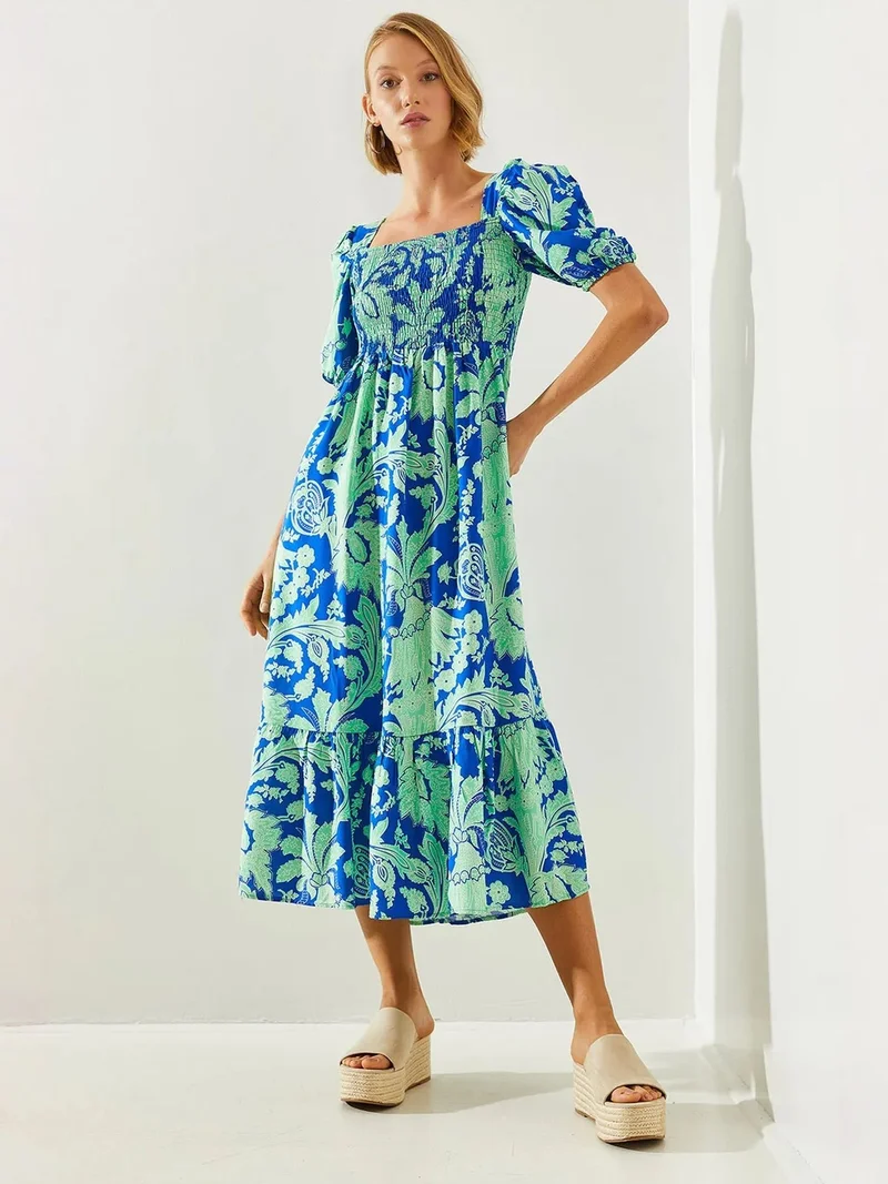 LUCCI Shirred Midi Dress with Square Collar